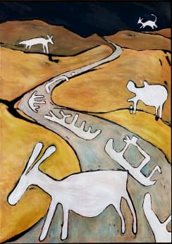 diagonal road with graphic animals in a yellow landscape