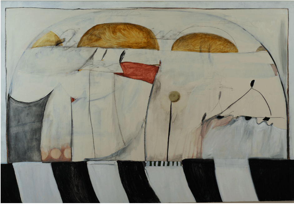 Large, contemporary painting with muted cream, peach, black, grey colours. Large band of crossing walk stripes across the bottom. A red flag sits in the centre with pale orange geometric half circles on top. Painting is by Jimi Gregg, nephew of Andrew Gregg