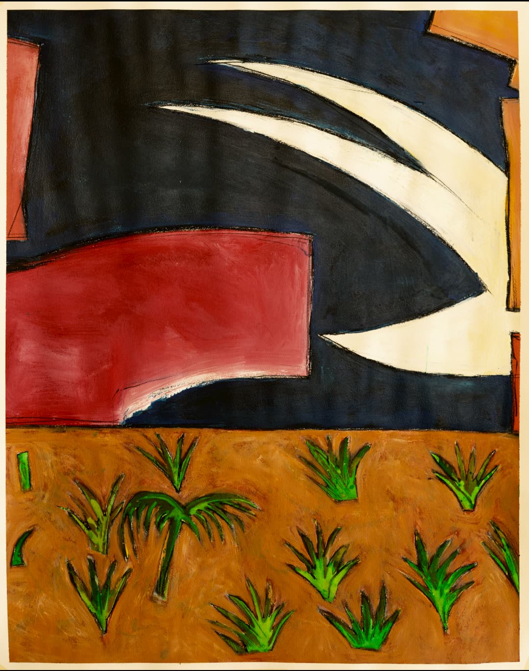 orange foreground with geometric trees, galah wings and red shapes from left