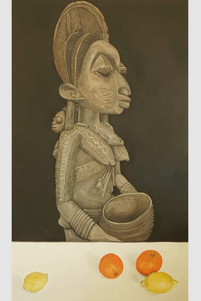 Nigerian icon of mother and child with lemons and oranges on bottom