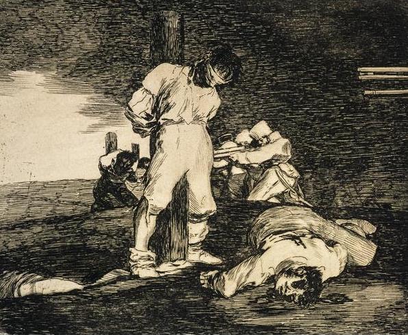 Francisco de Goya, And there's nothing to be done (from the Disasters of War) at the National Gallery of Victoria.  A man is tied to a pole and another swoons on the ground to his right 