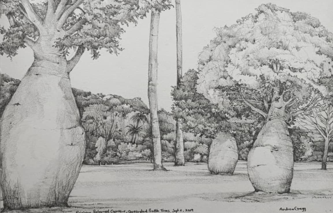 drawing of 3 bottle trees