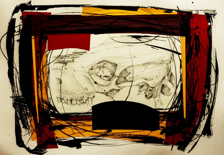 red, yellow, black, drawing of cow skull