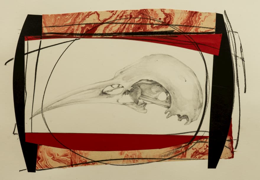 collage with a bird's skull drawing in the centre. Black crayon swirls on top of the pasted red, black and orange/tan papers cut in strips to frame the skull.  The collage by andrew gregg 