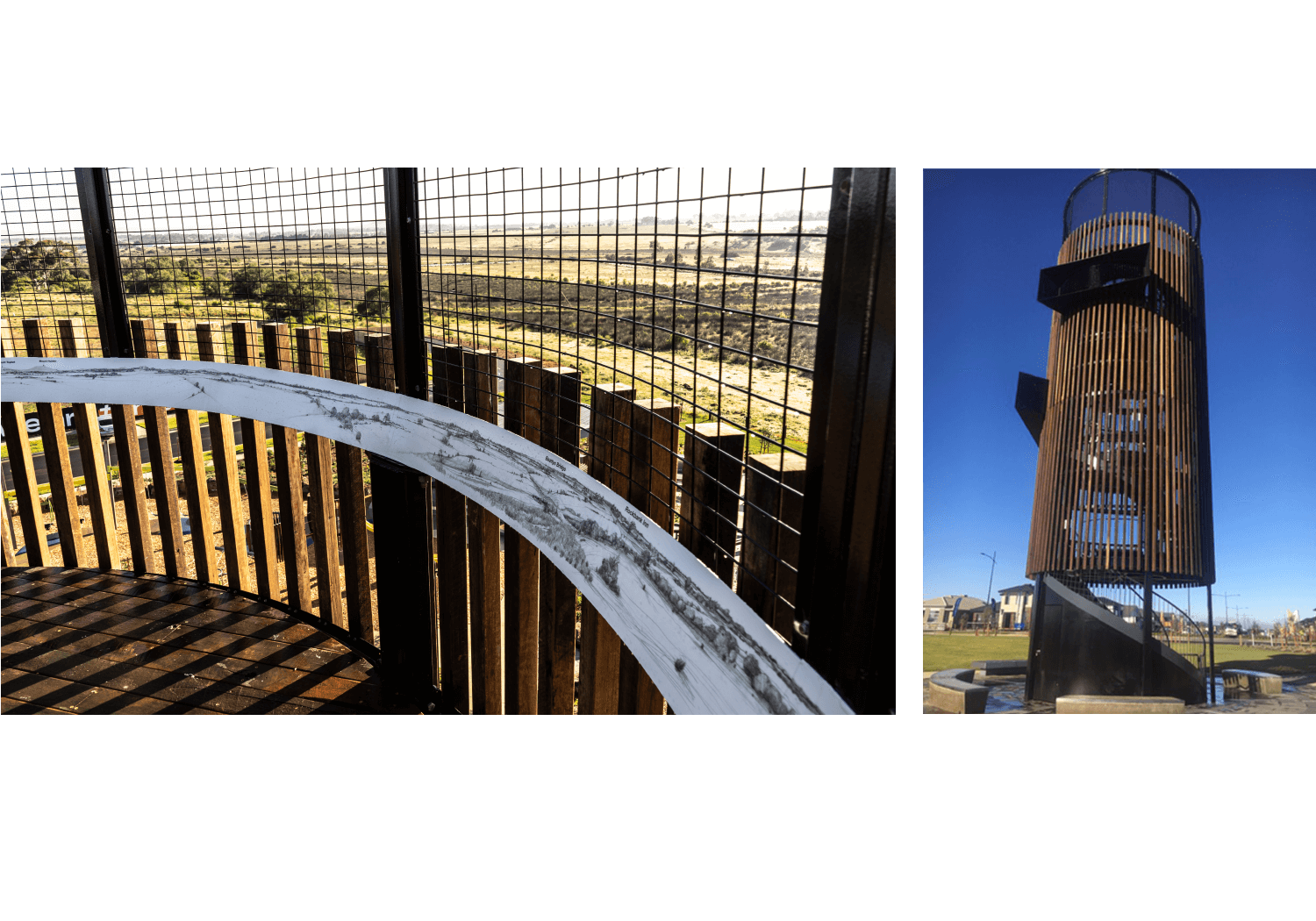 At the top of the Wooelea Estate Playground Tower is a permanently installed drawing of the horizon and surrounding landscape. A view of the drawing and landscape on the left with a view of the tower on the right.  Artwork done by Andrew Gregg